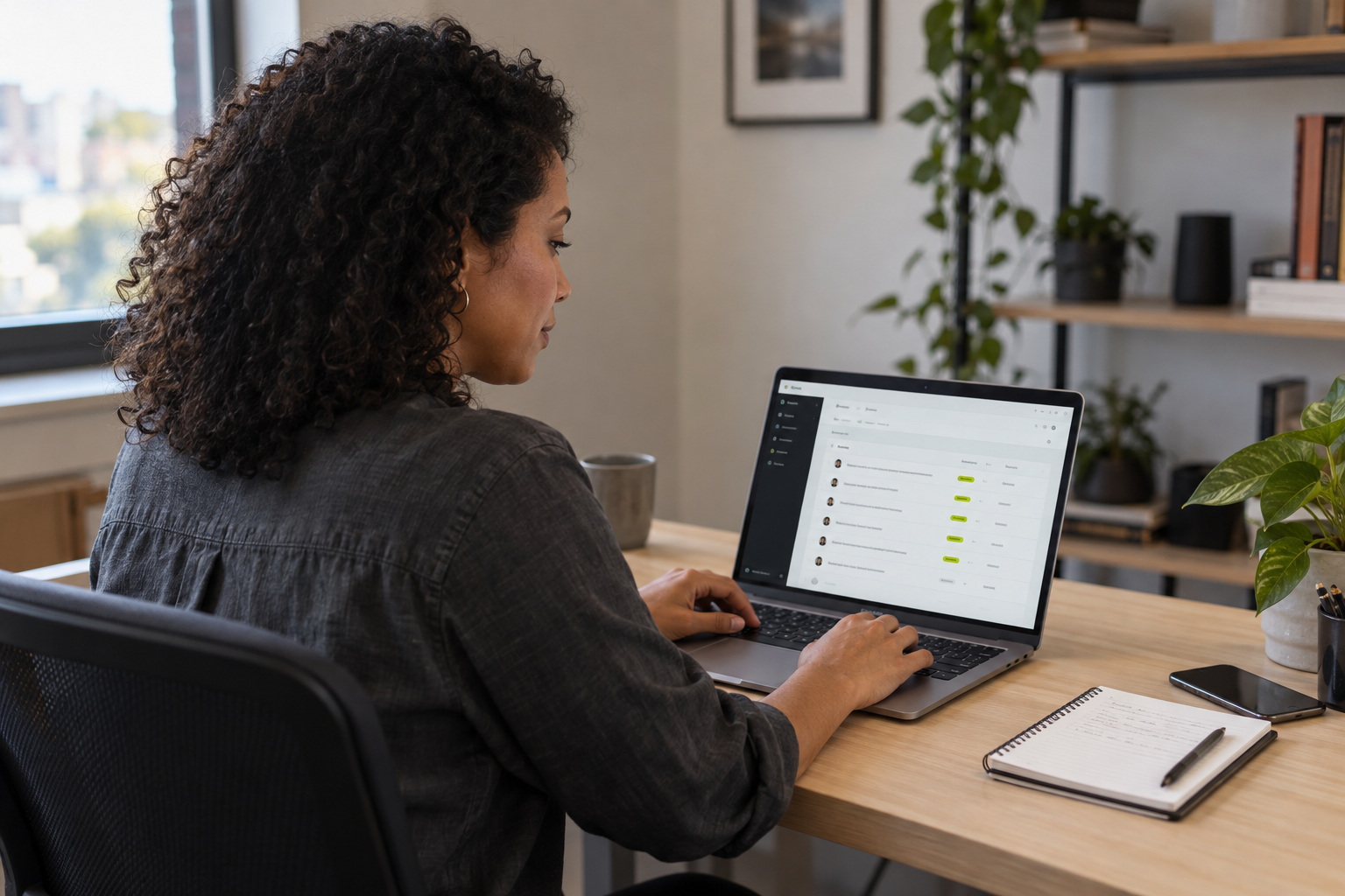Profissional usando um sistema de gestão no notebook para organizar o trabalho em um escritório.
